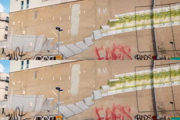 Grafitti auf der Mauer mit fallenden Mauerstücken, die zu Euro-Scheinen werden