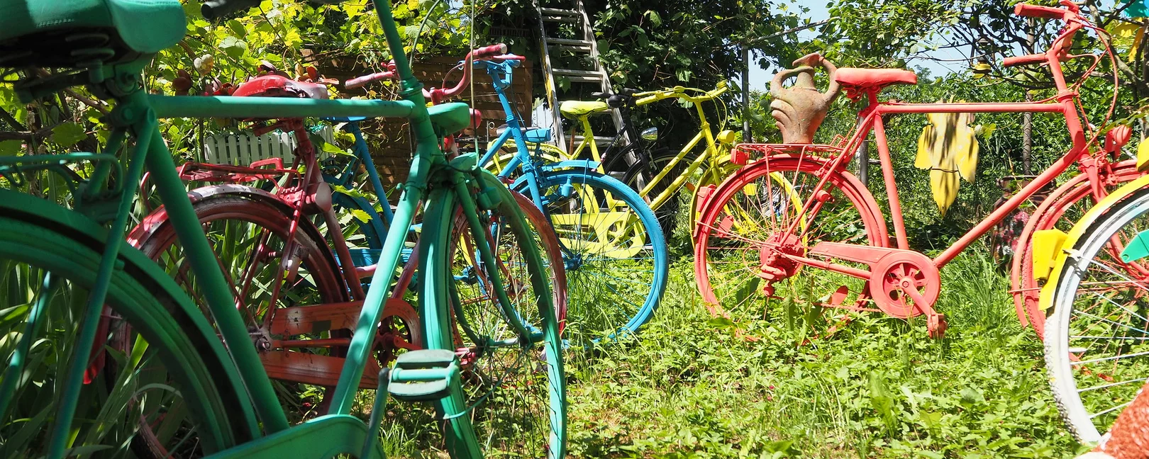 Bunt angestrichene Räder im Grünen